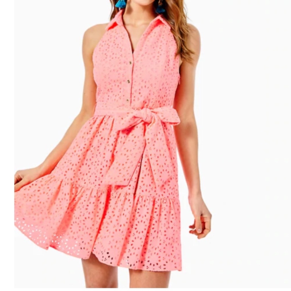 Lilly Pulitzer Neon Sunburst Eyelet Dress- Pink Sleeveless Size 0 NWT